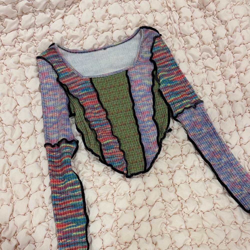 90s style patchwork Striped sweater knit Top